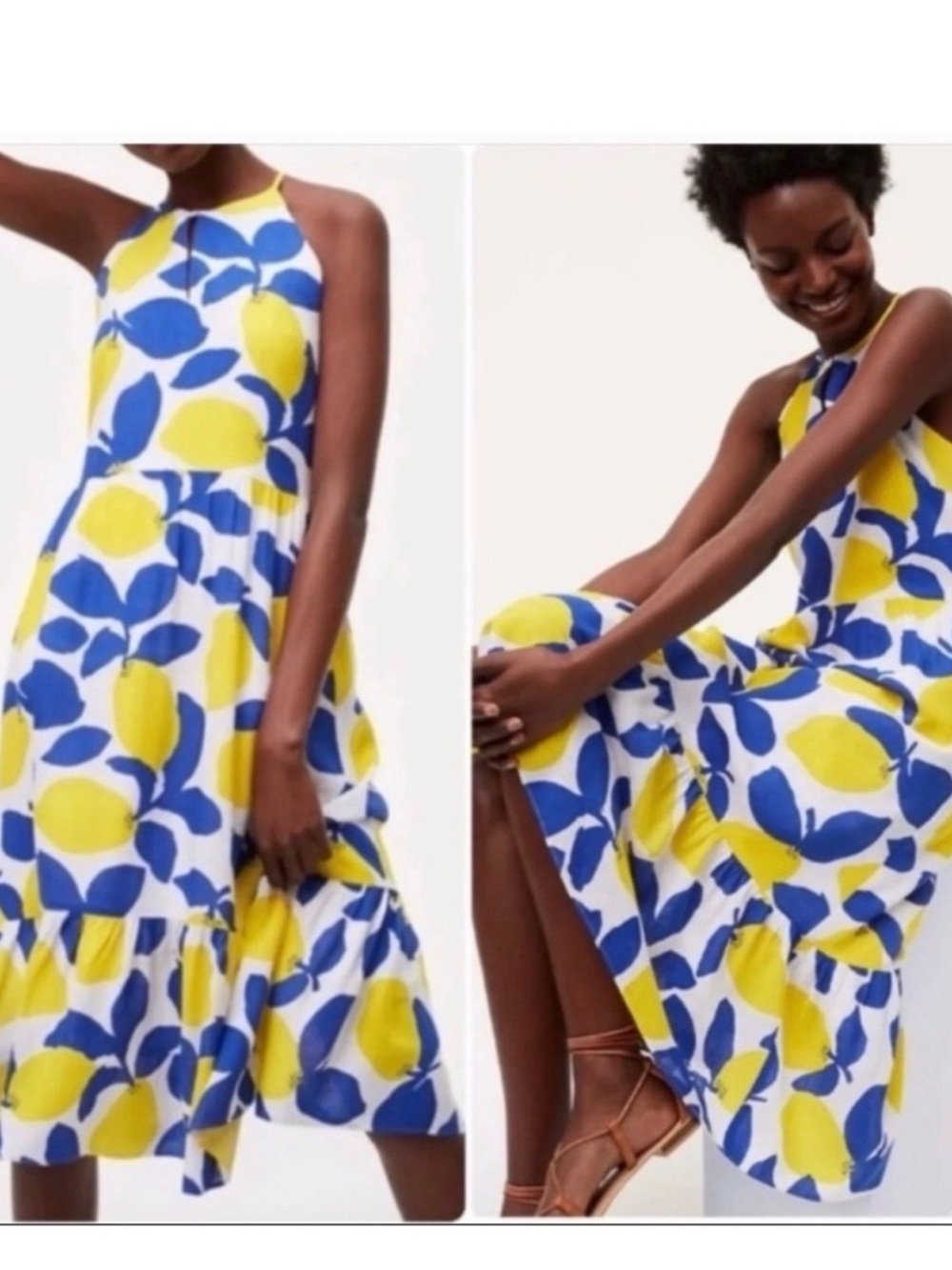 LOFT lemonade print halter midi dress yellow blue white lemon print linen blend
